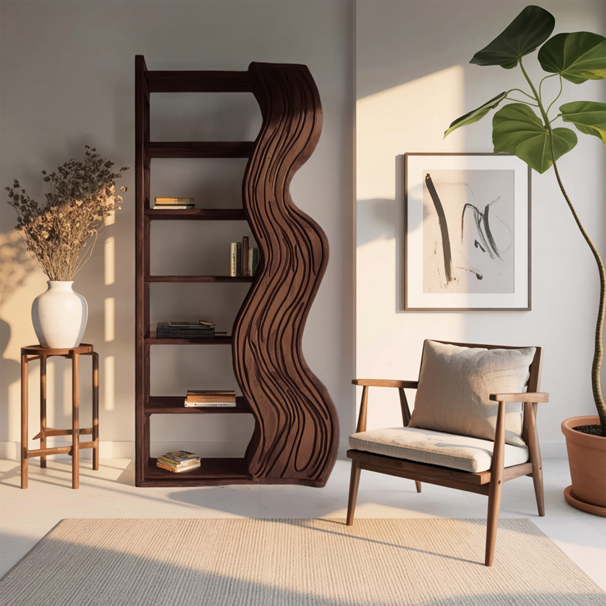 Modern Bookshelf With Wave Carved Side Panel For Office Kitchnce