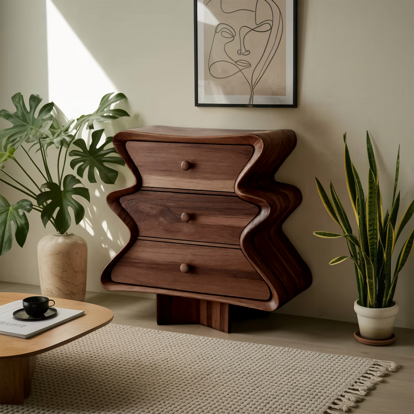 Wavy Sculptural Wood Cabinet 3 Drawer Chest For Bedroom Or Living Room Kitchnce