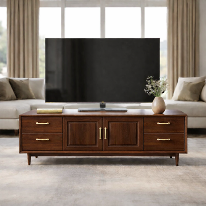 Mid-Century Solid Wood TV Stand with Drawers and Cabinet Storage Kitchnce