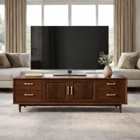 Mid-Century Solid Wood TV Stand with Drawers and Cabinet Storage Kitchnce