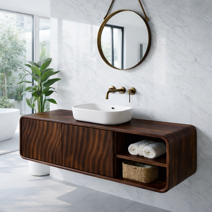 Modern Floating Solid Wood Bathroom Vanity with Wave Grain Cabinet Doors Kitchnce