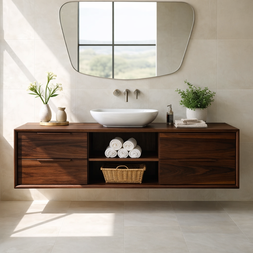 Modern Floating Oak Bathroom Vanity with Open Shelf and Double Drawer Storage Kitchnce