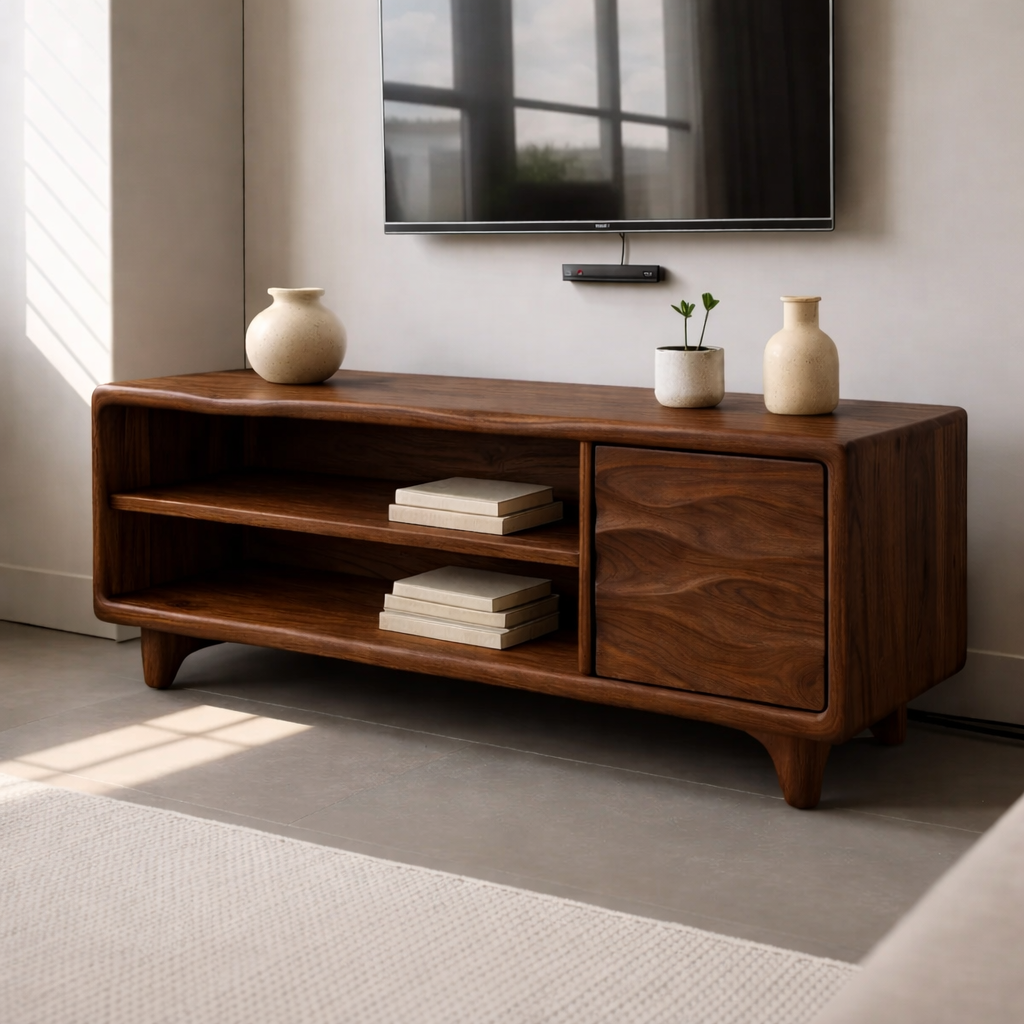 Modern Solid Wood TV Stand with Open Shelves and Wave Grain Cabinet Door Kitchnce