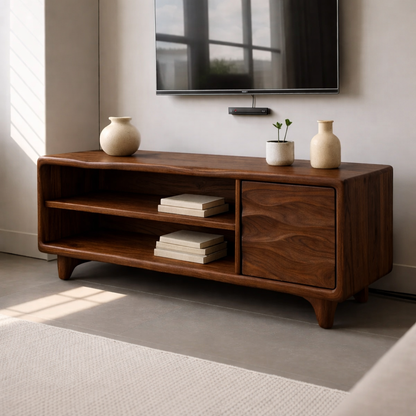 Modern Solid Wood TV Stand with Open Shelves and Wave Grain Cabinet Door Kitchnce