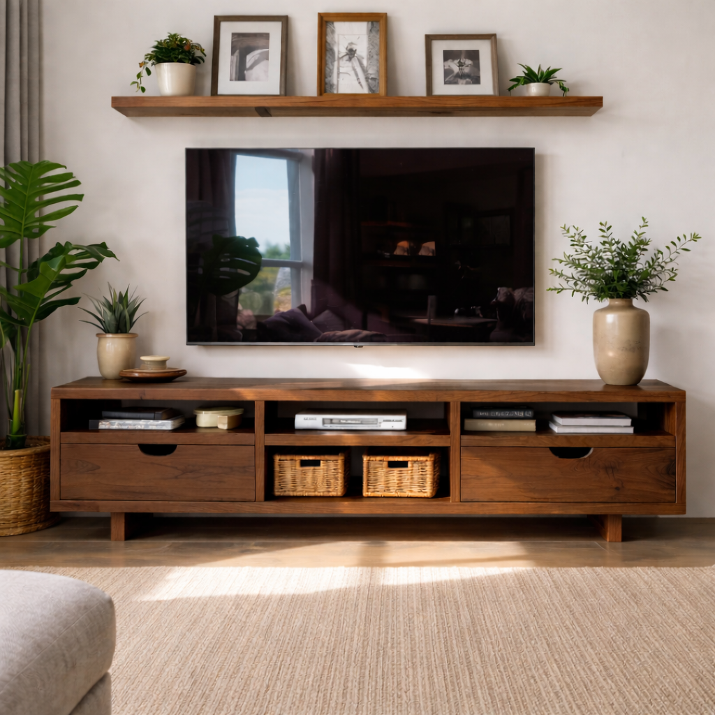 Modern Solid Wood TV Stand with Open Storage and Minimalist Drawers