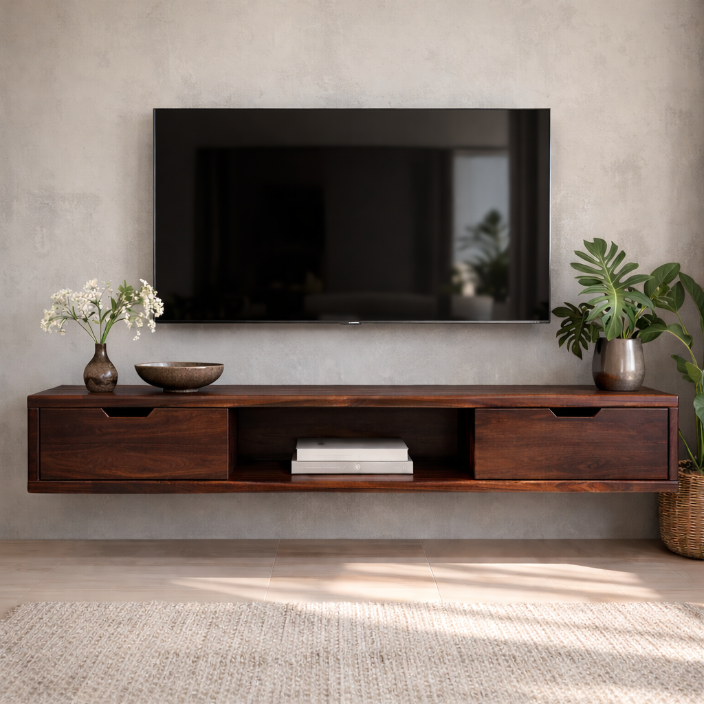 Floating Walnut Wood TV Stand with Drawers and Open Media Shelf Kitchnce