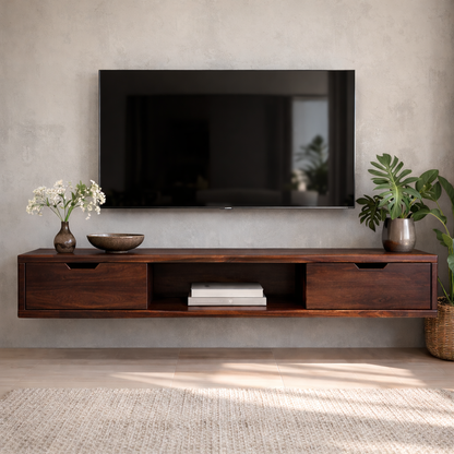 Floating Walnut Wood TV Stand with Drawers and Open Media Shelf Kitchnce