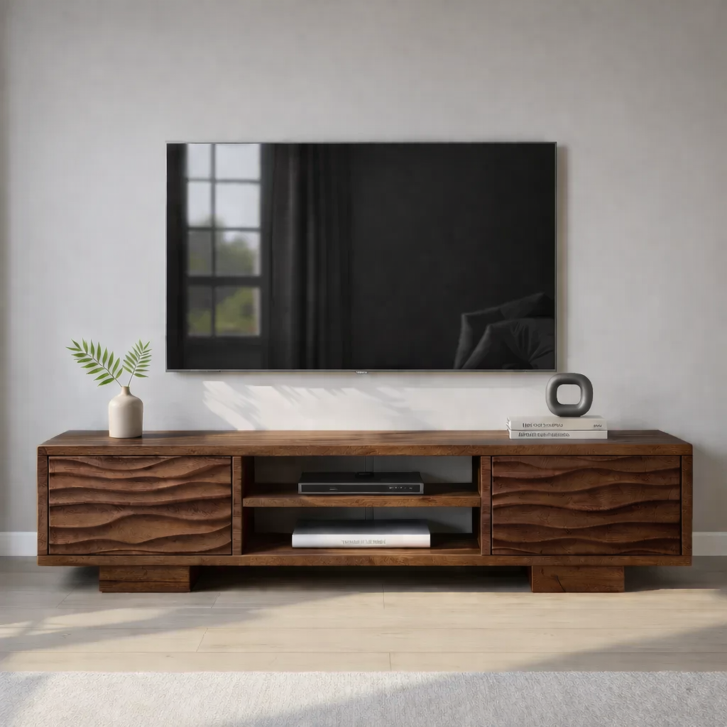 Modern Solid Wood TV Stand with Wave Front Drawers and Open Media Shelf Kitchnce