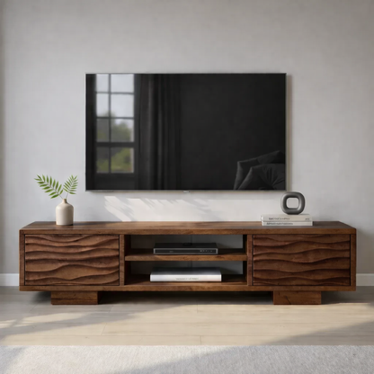 Modern Solid Wood TV Stand with Wave Front Drawers and Open Media Shelf Kitchnce