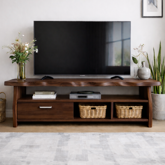 Mid-Century Solid Wood TV Stand with Drawer and Open Storage Shelves Kitchnce
