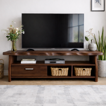Mid-Century Solid Wood TV Stand with Drawer and Open Storage Shelves Kitchnce