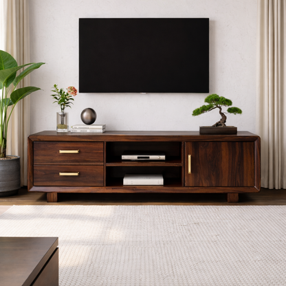 Modern Soild Wood TV Stand with Drawers, Cabinet Door, and Open Media Shelves Kitchnce