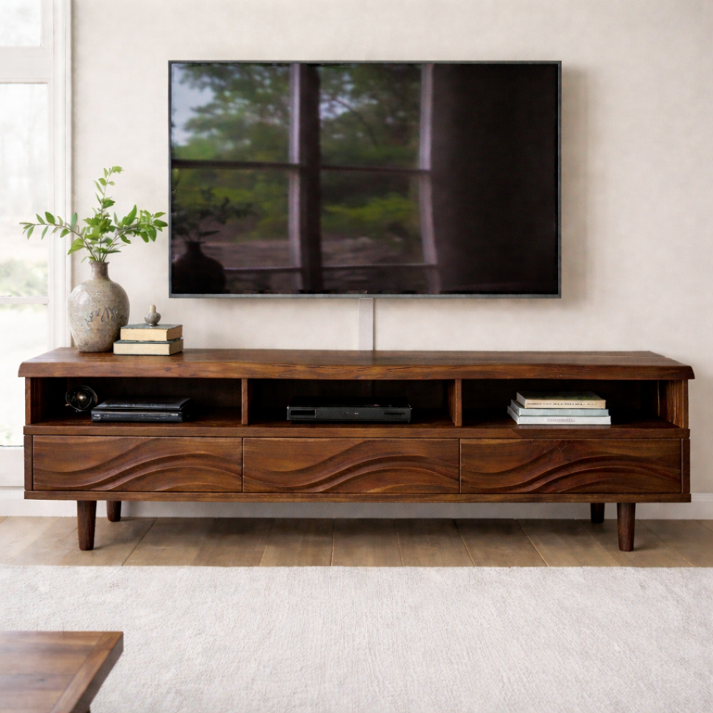 Modern Solid Wood TV Stand with Wave Drawer Fronts and Open Media Shelves Kitchnce