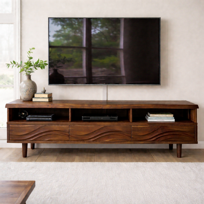 Modern Solid Wood TV Stand with Wave Drawer Fronts and Open Media Shelves Kitchnce