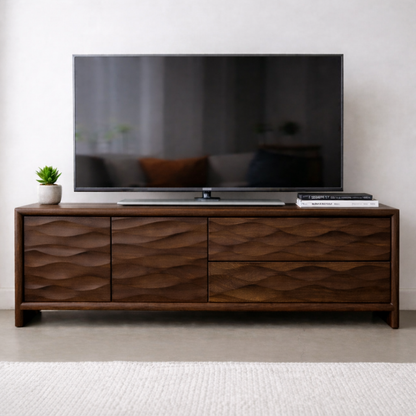 Modern Soild Wood TV Stand with Textured Wave Cabinet Doors and Storage Drawers Kitchnce
