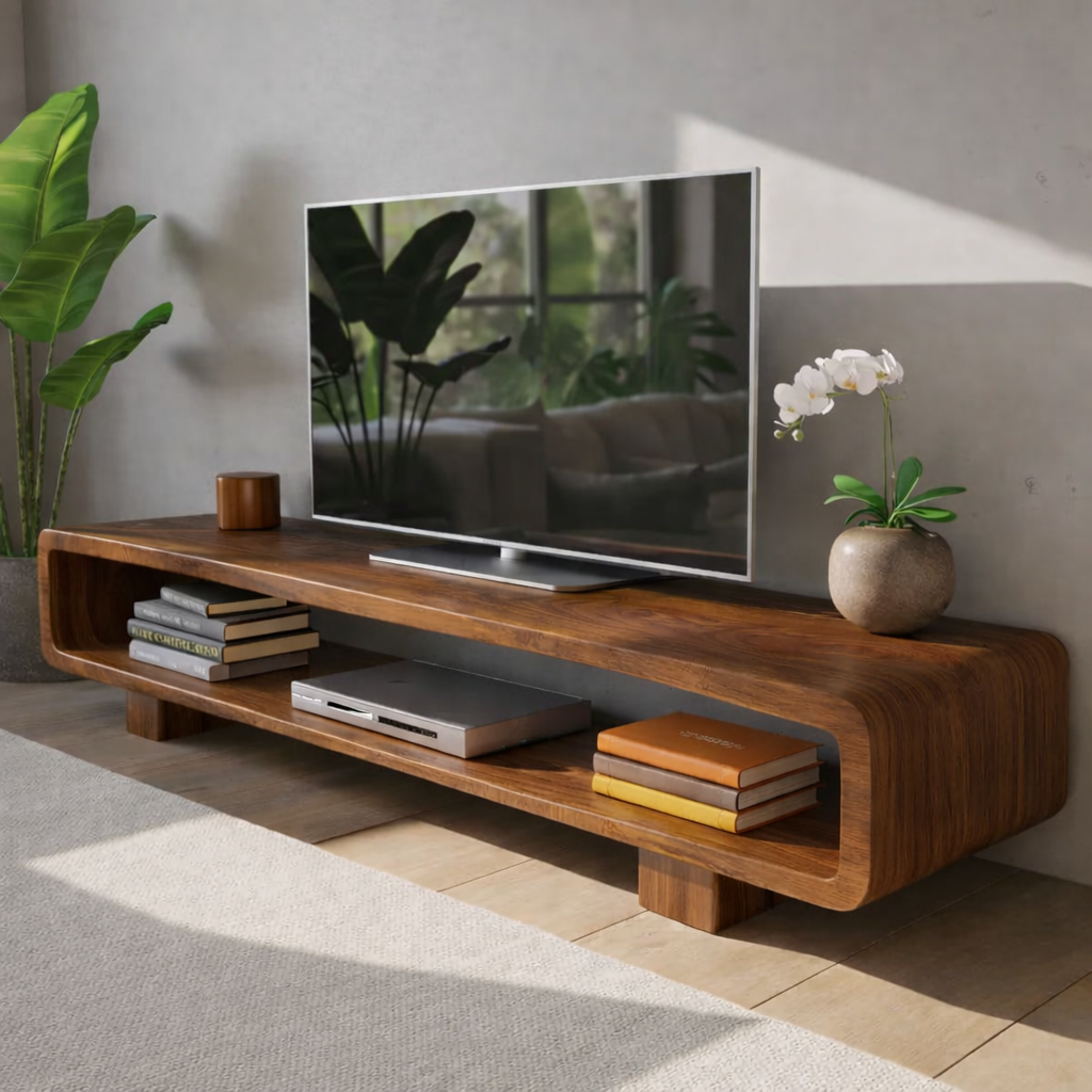 Modern Solid Oak TV Stand with Open Shelf Storage, Minimalist Wooden Media Console Kitchnce