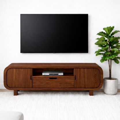 Modern Solid Oak TV Stand with Cabinet Doors and Drawer, Wooden Media Console for Living Room Kitchnce