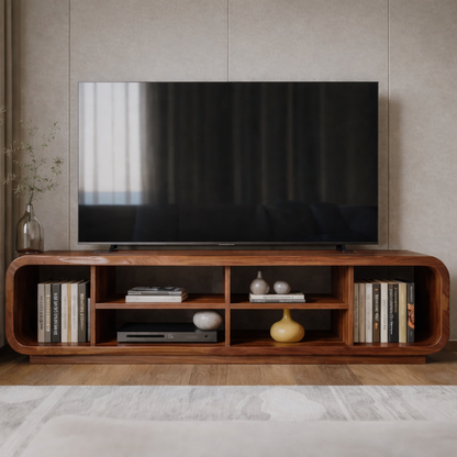 Modern Solid Wood TV Stand with Open Shelf Storage, Walnut Media Console for Living Room Kitchnce