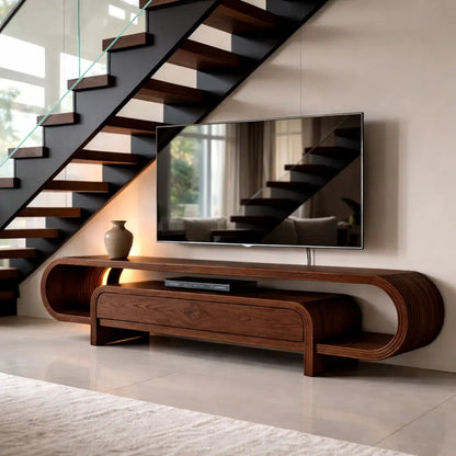 Curved Solid Wood TV Stand with Drawer and Shelf, Modern Walnut Media Console Table Kitchnce