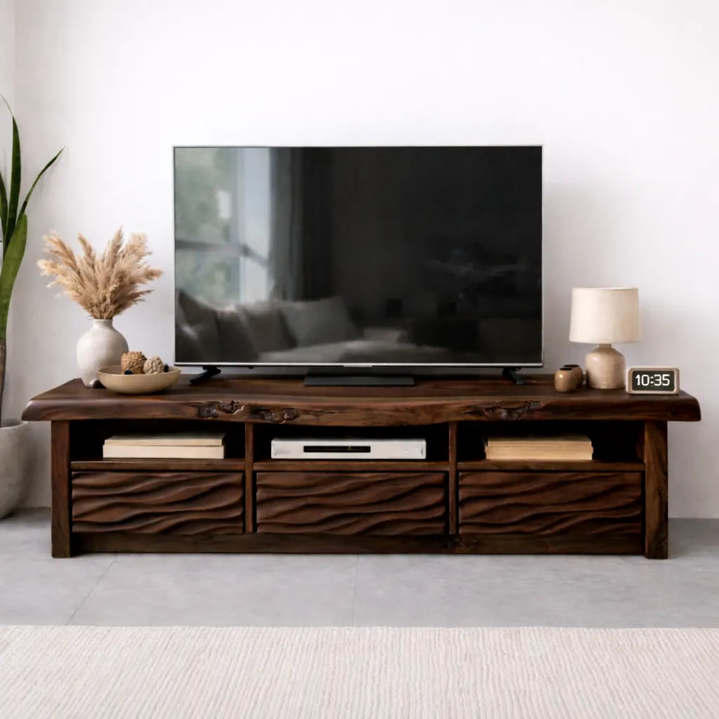 Natural Solid Oak TV Stand with Wavy Drawer Fronts, Rustic Media Console for Living Room Kitchnce
