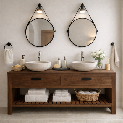 Scandinavian Solid Wood Double Sink Bathroom Vanity with Dual Drawers and Slatted Open Shelf