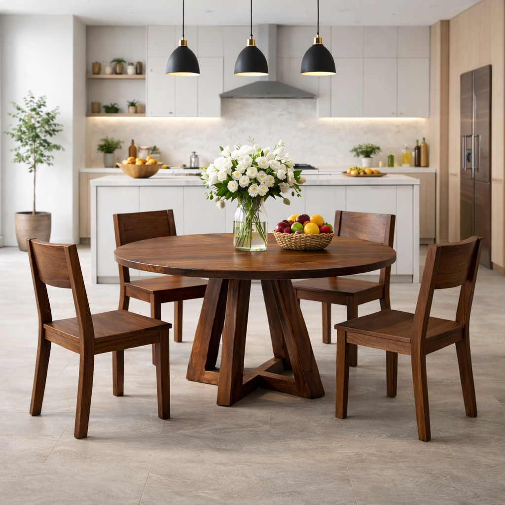 Modern Solid Walnut Round Dining Table with Sculptural Cross Base