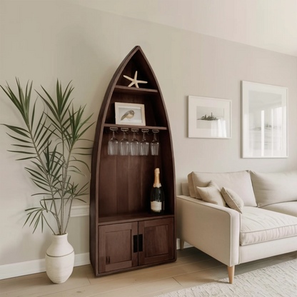 Coastal Boat Shaped Shelf With Glass Rack For Beach House And Living Room Kitchnce