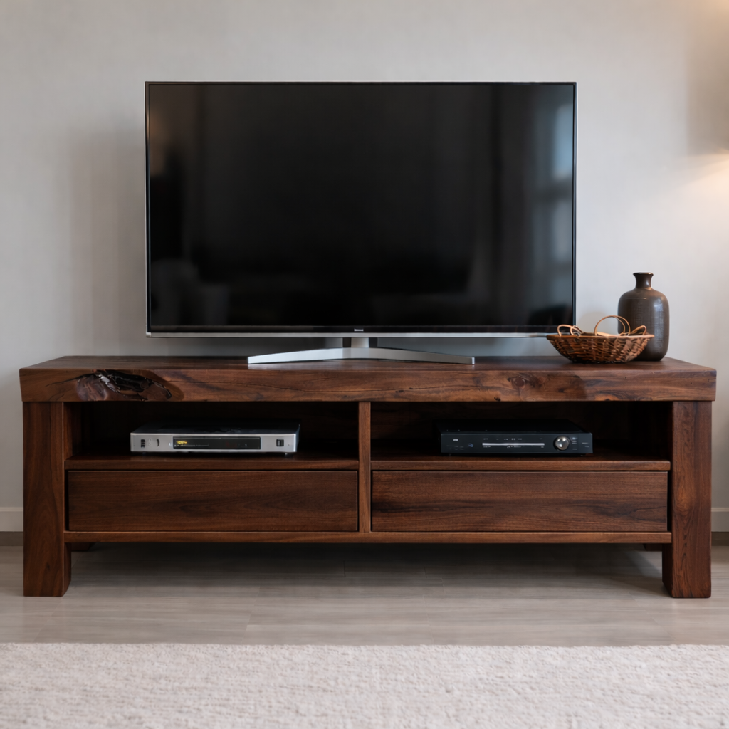 Rustic Solid Wood TV Stand with Natural Live Edge, Storage Drawers and Open Shelves