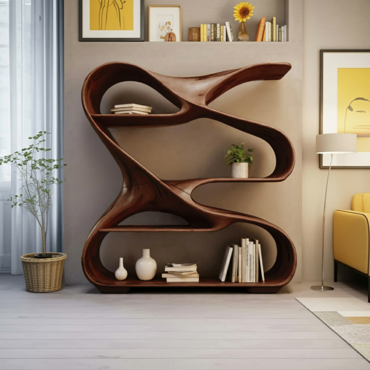 Modern Sculptural Wooden Bookshelf For Living Room Or Office Display Kitchnce