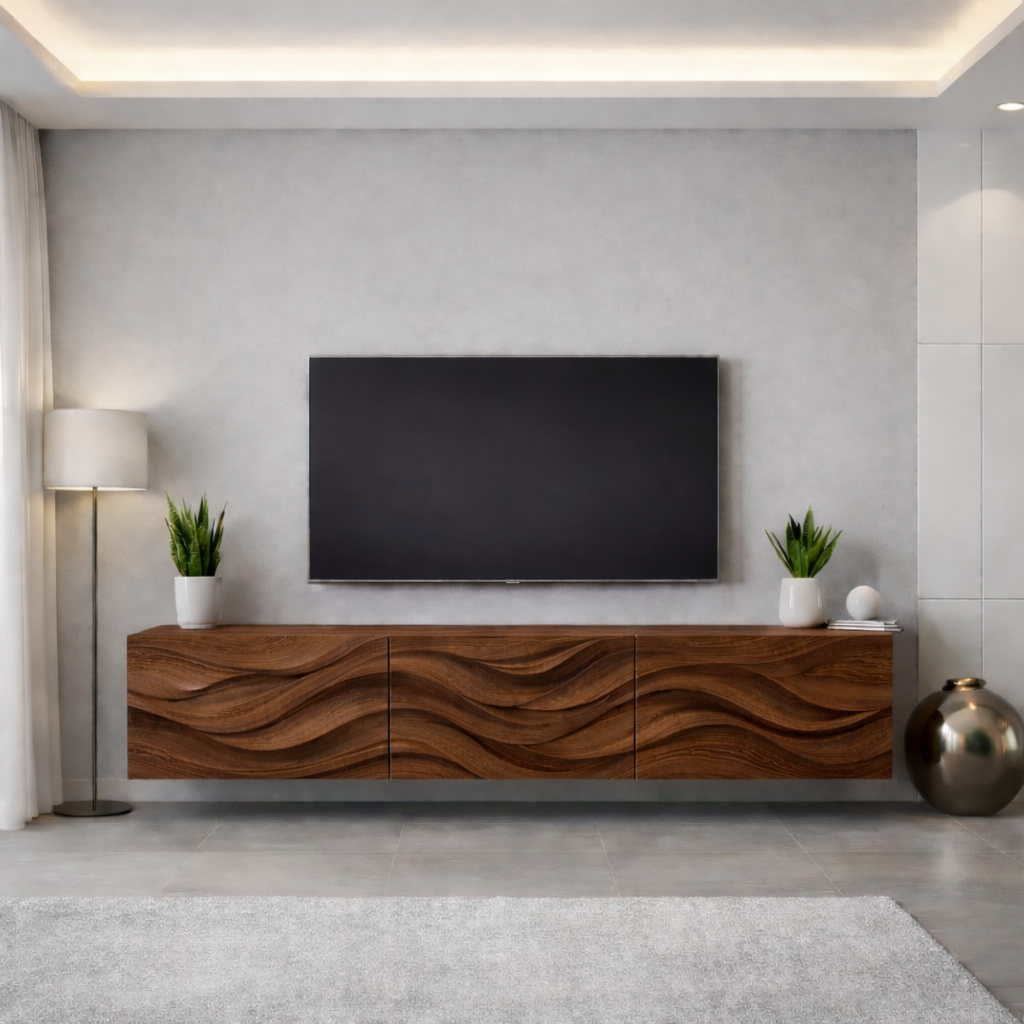 Wave Carved Solid Oak TV Stand with Modern Design, Stylish Media Console for Living Room Kitchnce