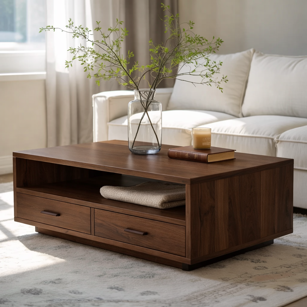 Solid Wood Coffee Table with Storage Drawers, Modern Design for Living Room