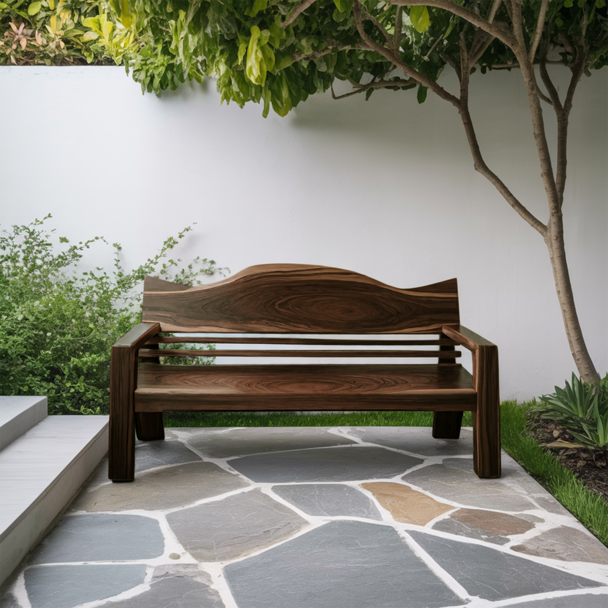 Rustic Outdoor Wooden Bench With Curved Backrest For Garden Or Porch Kitchnce