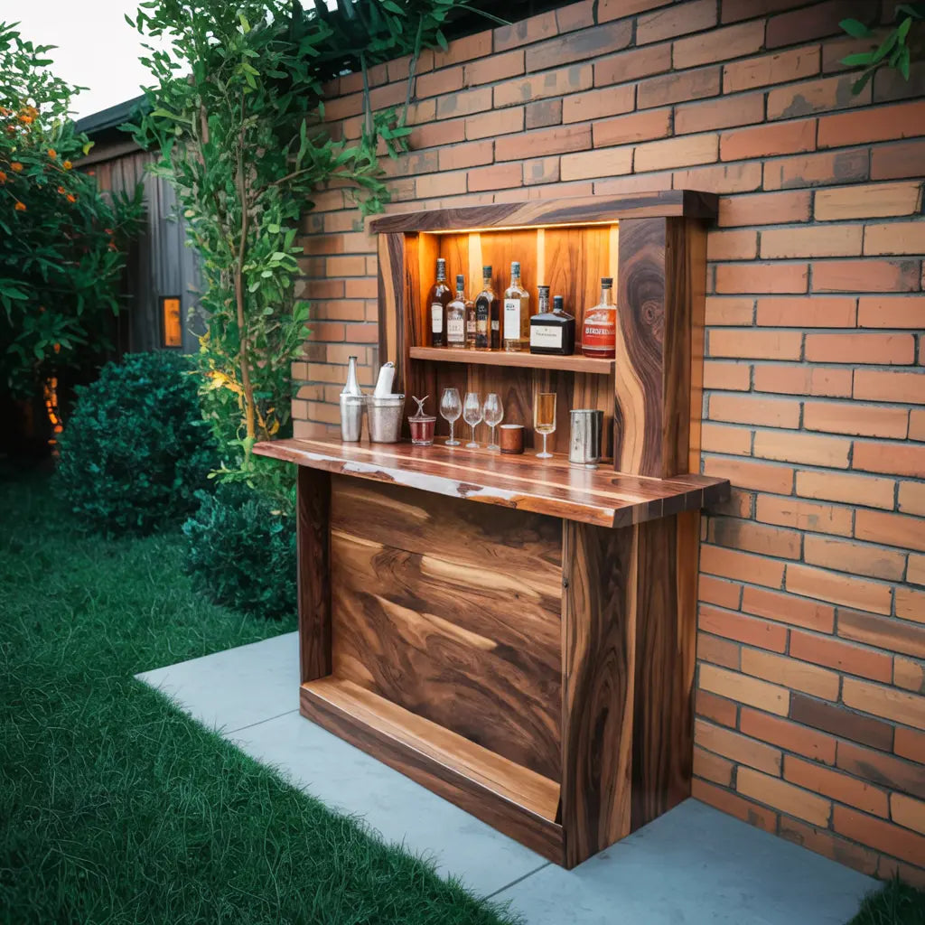 Live Edge Wall Mounted Outdoor Bar With Shelf And Lights For Patio Or Garden Kitchnce