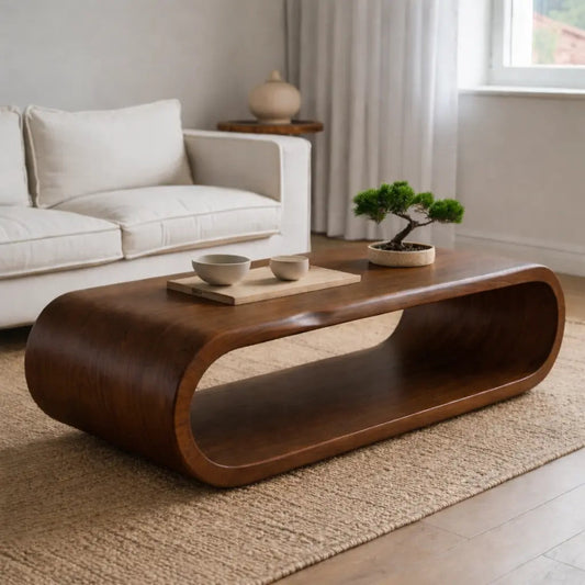 Sculptural Walnut Coffee Table with Curved Design and Open Shelf, Modern Living Room Decor Kitchnce