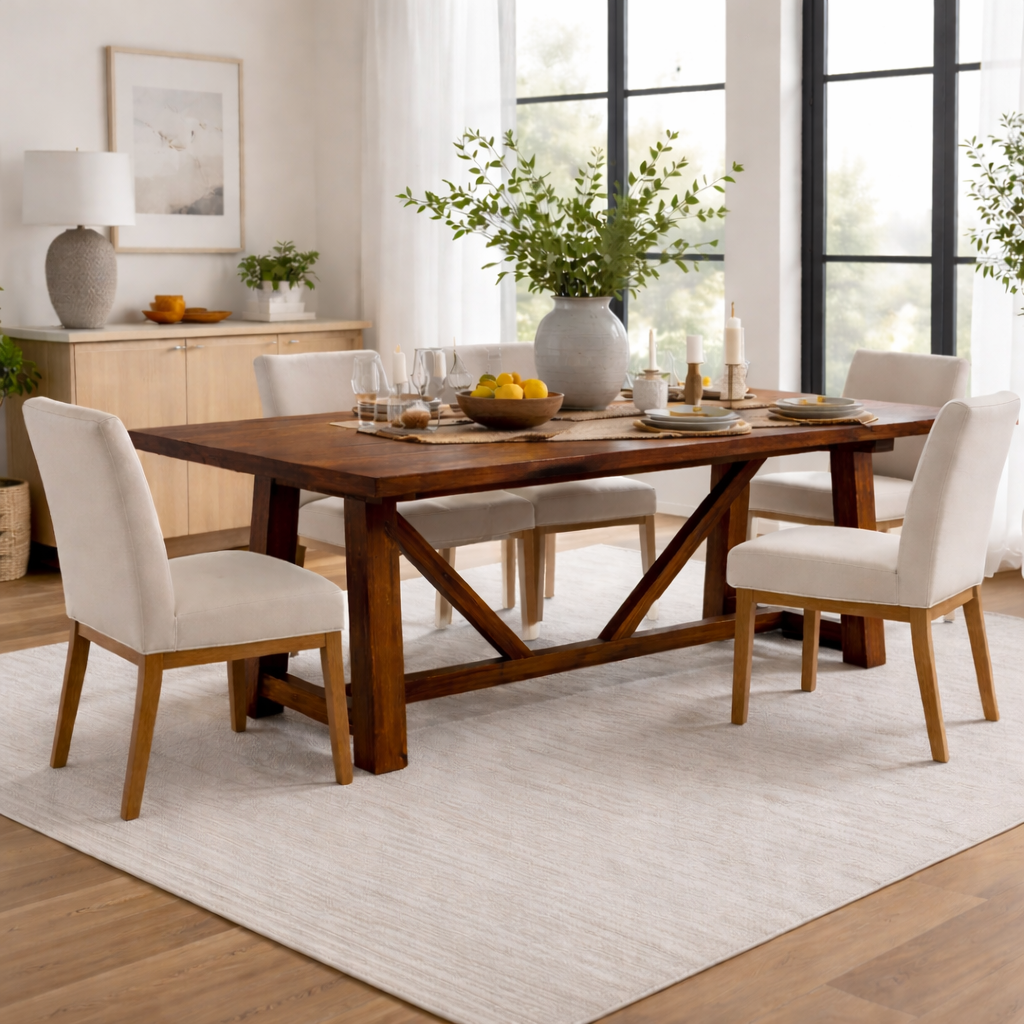 Solid Wood Dining Table with X Base Modern Farmhouse Style