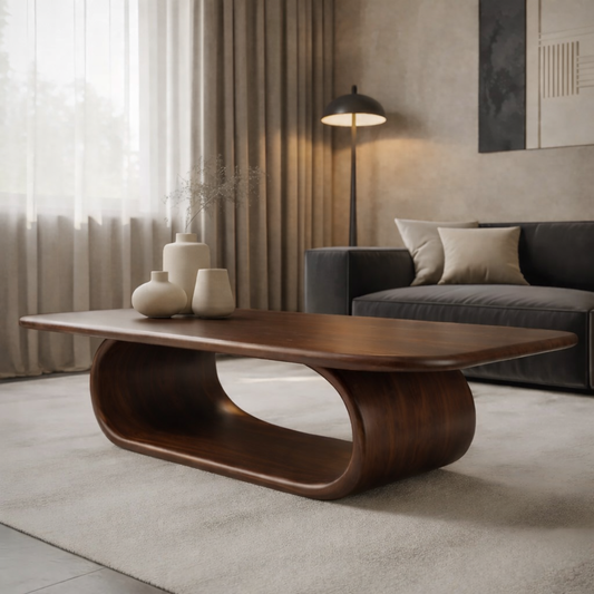Sculptural Walnut Coffee Table with Curved Design and Open Shelf, Modern Living Room Décor Kitchnce