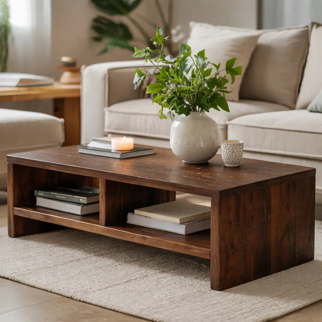 Solid Wood Coffee Table with Open Storage, Rustic Design for Living Room and Décor Kitchnce