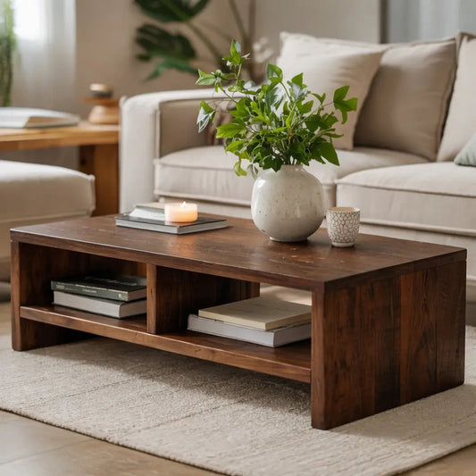 Solid Wood Coffee Table with Open Storage, Rustic Design for Living Room and Décor Kitchnce