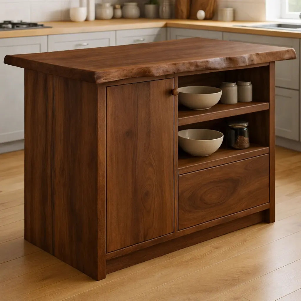 Solid Wood Kitchen Island with Cabinet and Open Shelves, Modern Oak Kitchen Prep Table Kitchnce