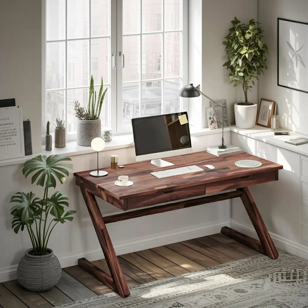 Modern Z Leg Wooden Writing Desk With Drawers For Home Office Or Studio Kitchnce