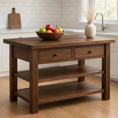 Solid Walnut Kitchen Island Table with Drawers and Shelves, Wooden Kitchen Prep Station Kitchnce