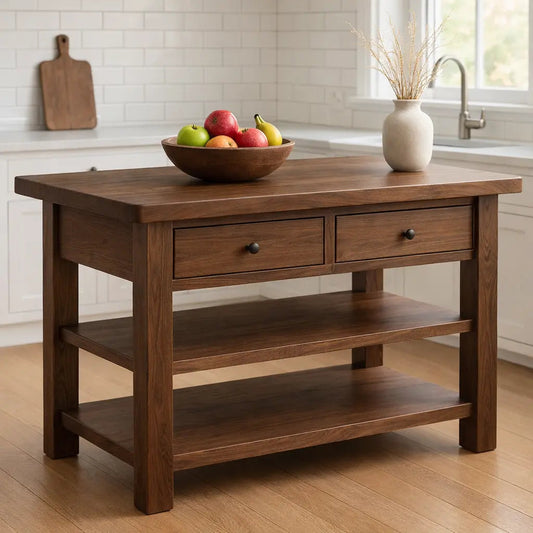 Solid Walnut Kitchen Island Table with Drawers and Shelves, Wooden Kitchen Prep Station Kitchnce