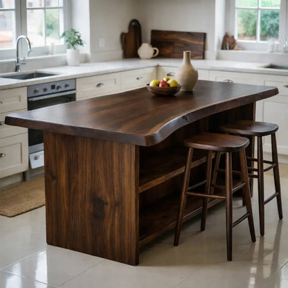 Live Edge Solid Wood Kitchen Island with Open Shelf Storage and Seating Bar Table Kitchnce