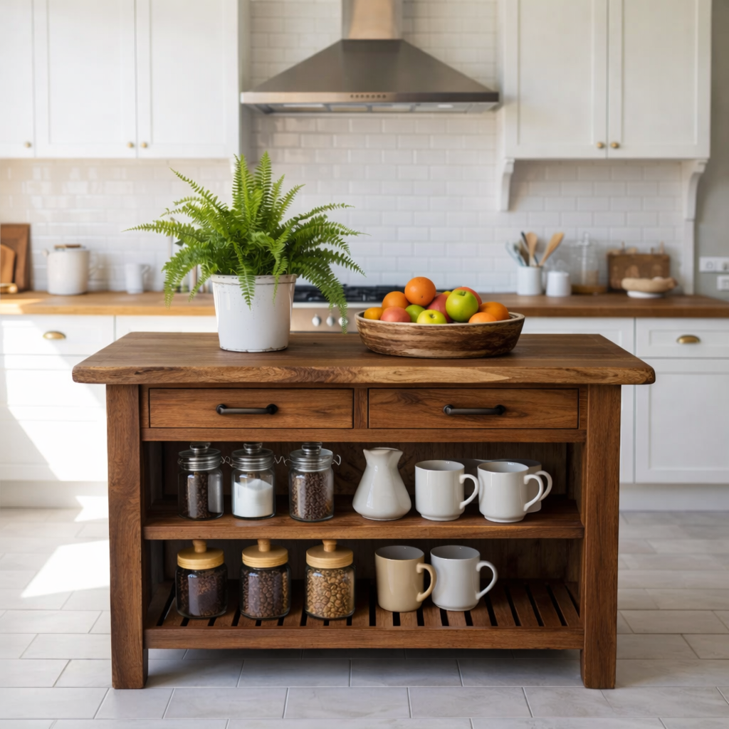Solid Wood Kitchen Island with Drawers and Open Shelf Storage Wooden Prep Table