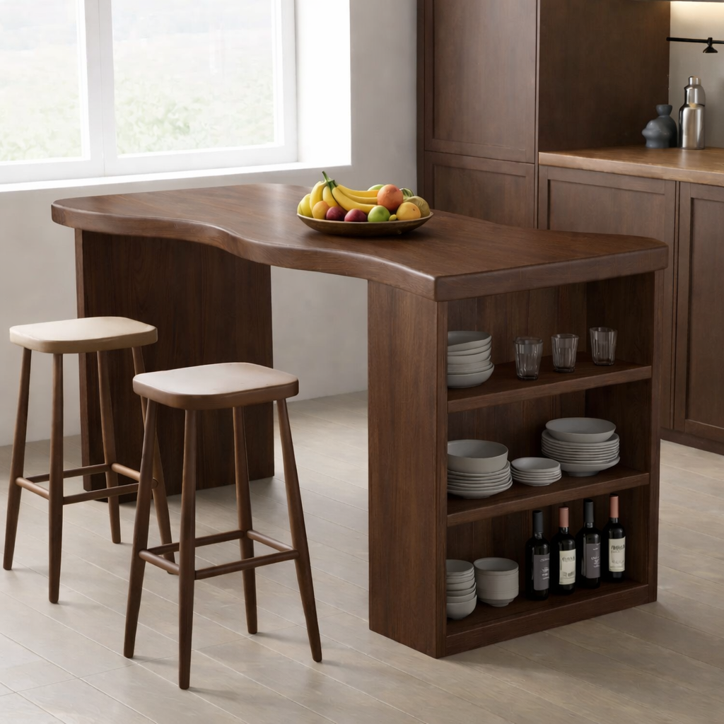 Solid Wood Kitchen Island with Curved Edge Top and Open Shelf Storage Breakfast Bar