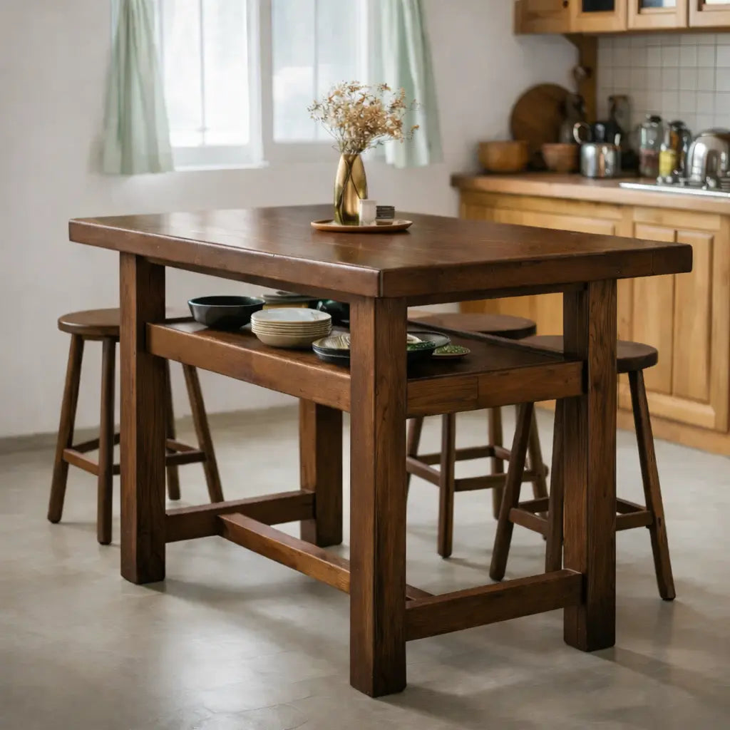 Solid Wood Kitchen Island Table with Open Shelf Storage and Spacious Prep Surface Kitchnce