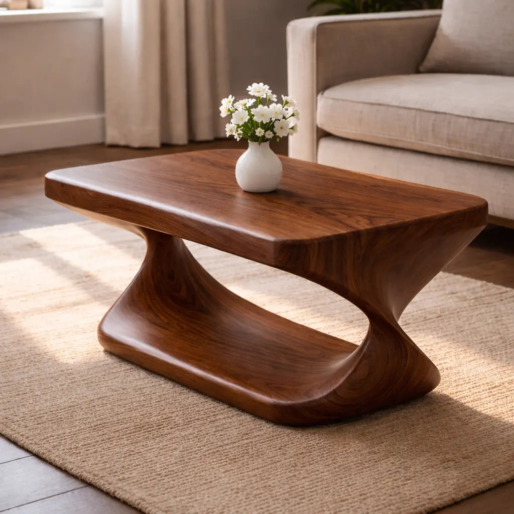 Modern Solid Wood Coffee Table with Sculptural Curved Base and Rectangular Wood Top Kitchnce