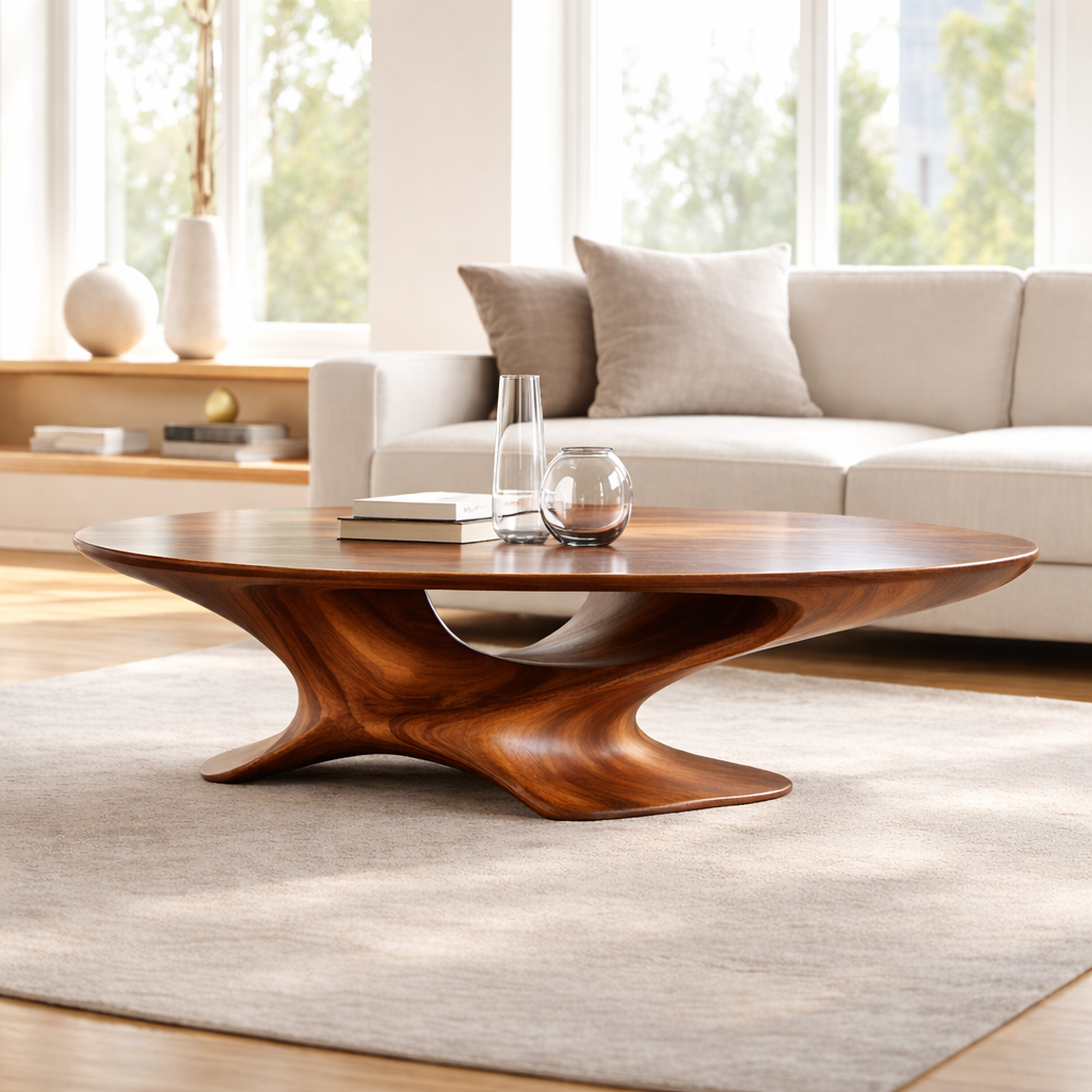 Modern Solid Wood Coffee Table with Sculptural Base and Round Wooden Living Room Table