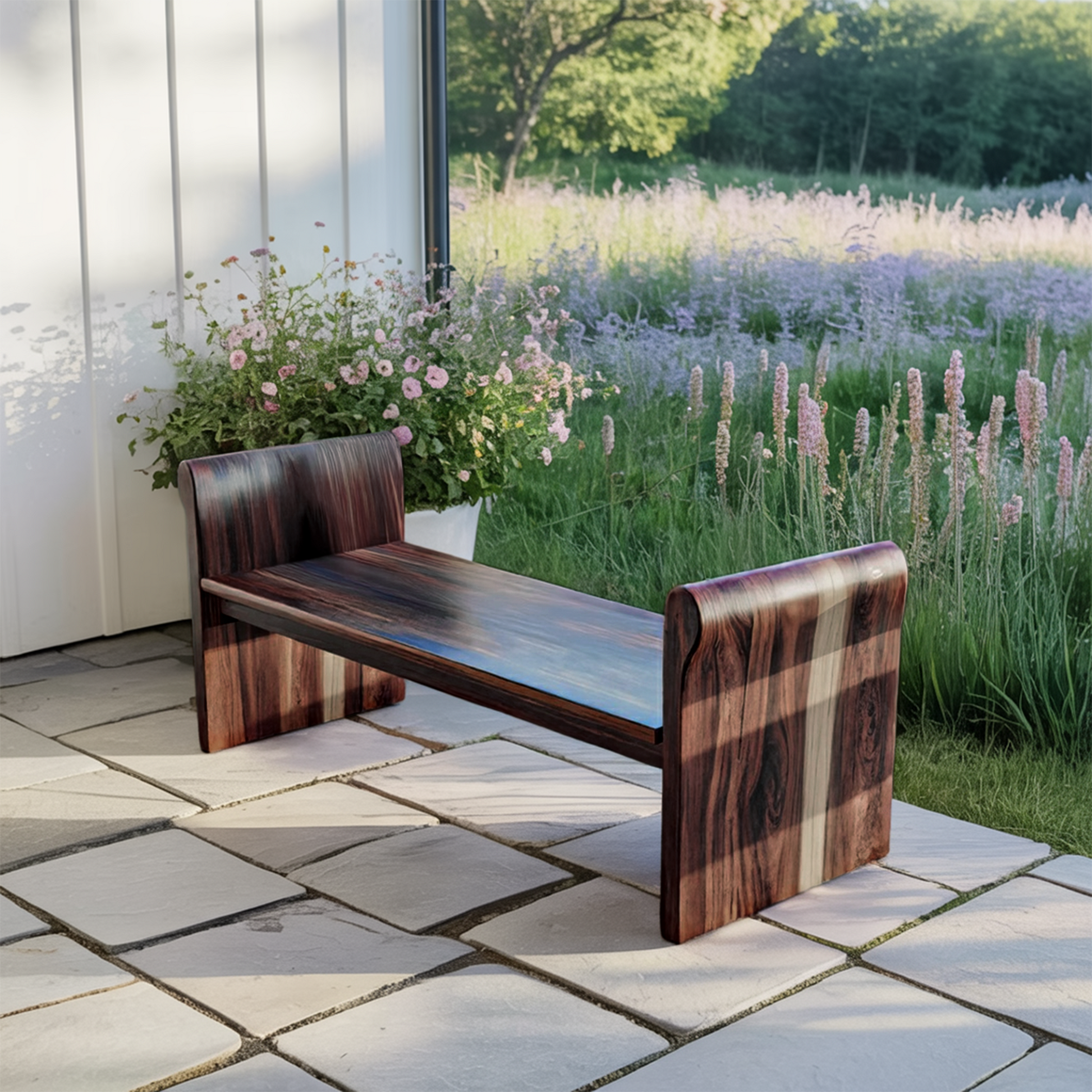 Contemporary Wood Bench With Rounded Armrests For Porch Or Garden Kitchnce