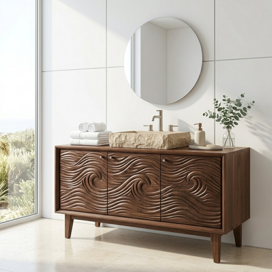 Handcrafted Wave Carved Solid Wood Bathroom Vanity - Modern Organic Credenza Cabinet